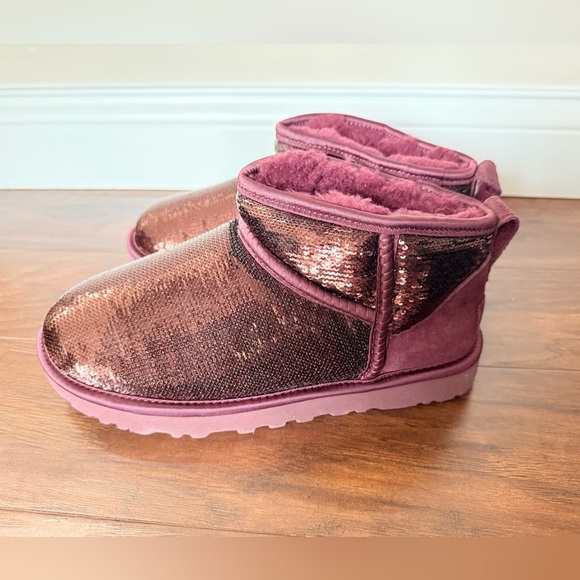 NWOT UGG Classic Ultra Mini Mirror Ball Burgundy Sequin Boots-Size 7 - Picture 5 of 13